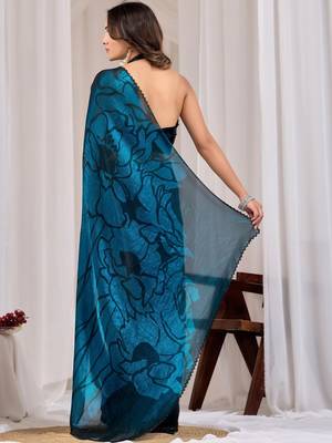 Teal beads and stones organza saree 4