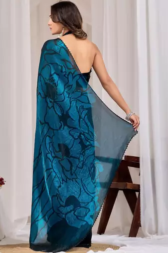 Teal beads and stones organza saree