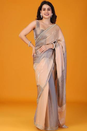 Grey women embroidered glden cut mirror tissue saree