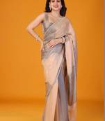 Grey women embroidered glden cut mirror tissue saree