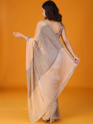 Grey women embroidered glden cut mirror tissue saree 3