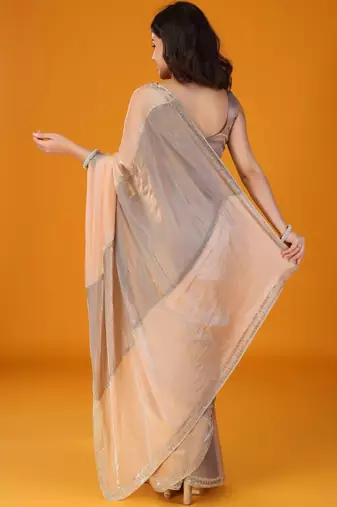 Grey women embroidered glden cut mirror tissue saree