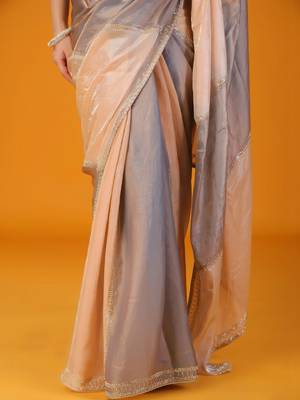 Grey women embroidered glden cut mirror tissue saree 4