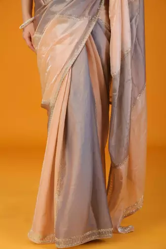 Grey women embroidered glden cut mirror tissue saree