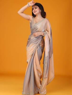 Grey women embroidered glden cut mirror tissue saree 5