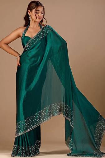 Teal embellished beads and stones organza heavy work saree