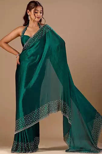 Teal embellished beads and stones organza heavy work saree