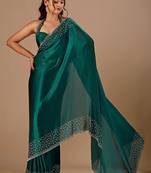 Teal embellished beads and stones organza heavy work saree