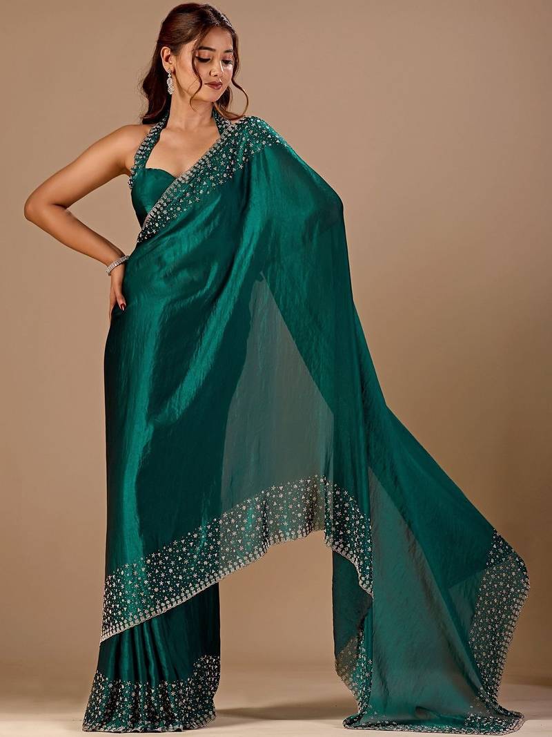Teal embellished beads and stones organza heavy work saree