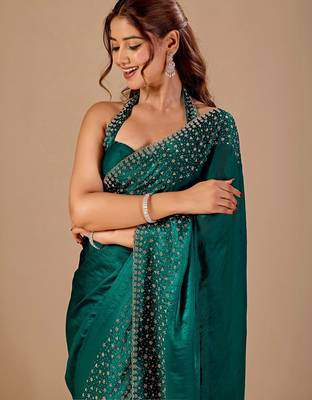 Teal embellished beads and stones organza heavy work saree 2
