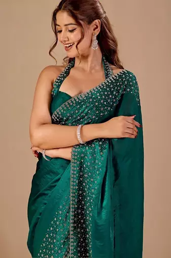 Teal embellished beads and stones organza heavy work saree