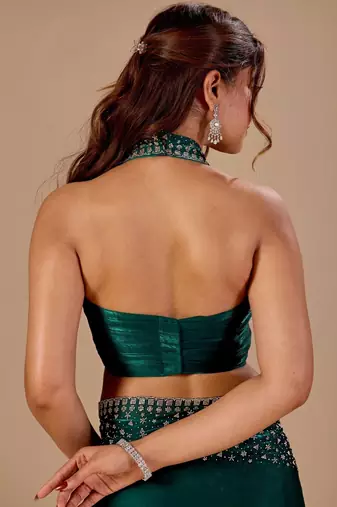 Teal embellished beads and stones organza heavy work saree