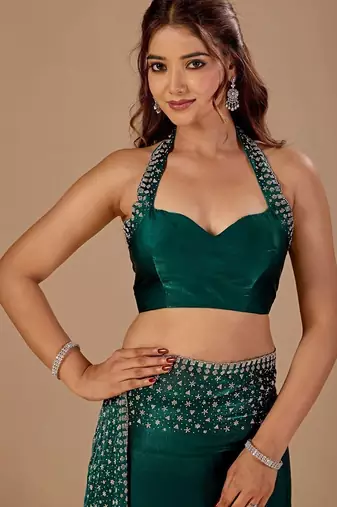 Teal embellished beads and stones organza heavy work saree