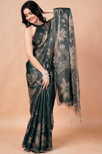 Green women ethnic motifs woven design saree