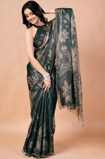 Green women ethnic motifs woven design saree