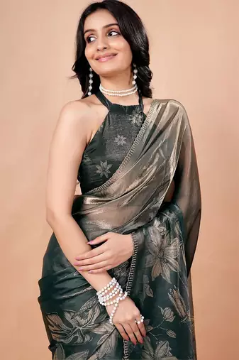 Green women ethnic motifs woven design saree