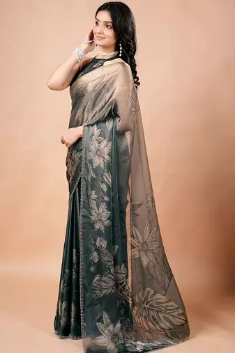 Green women ethnic motifs woven design saree