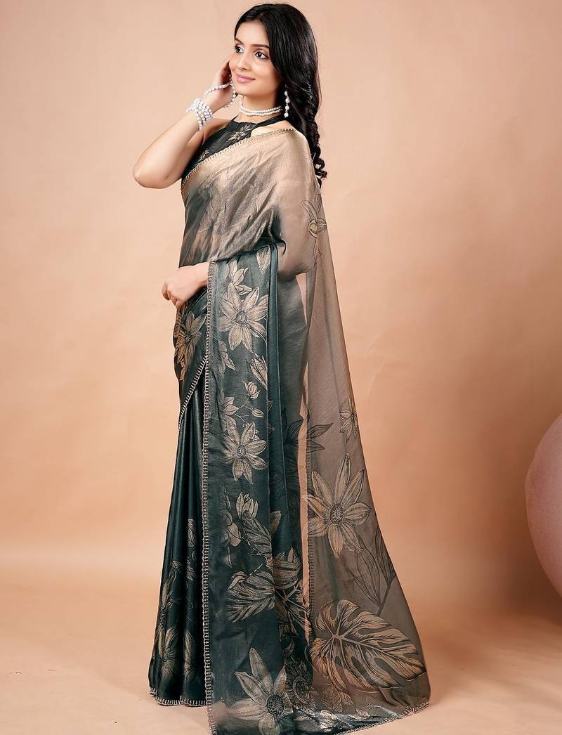 Green women ethnic motifs woven design saree