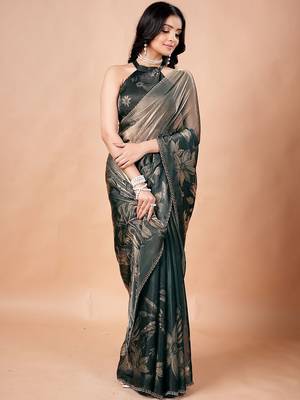 Green women ethnic motifs woven design saree 4