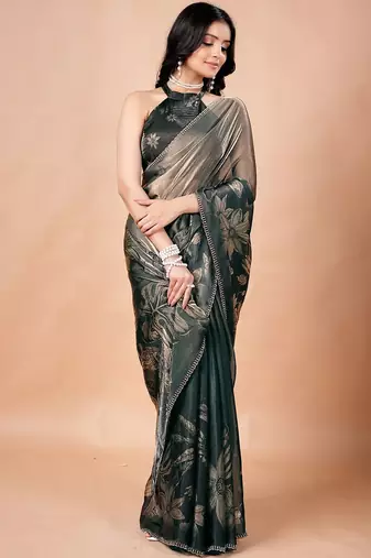 Green women ethnic motifs woven design saree