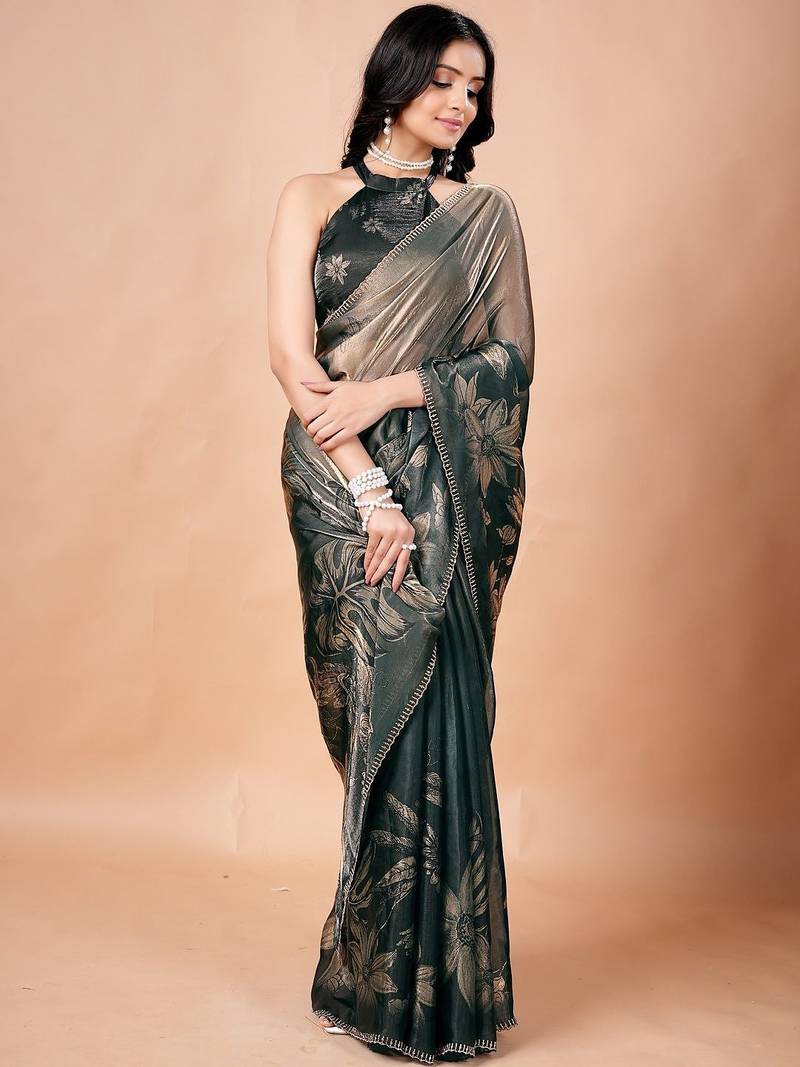 Green women ethnic motifs woven design saree