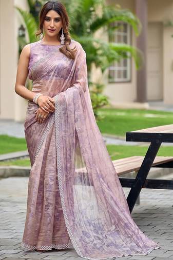 Purple floral beads and stones tissue saree