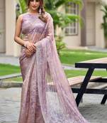 Purple floral beads and stones tissue saree
