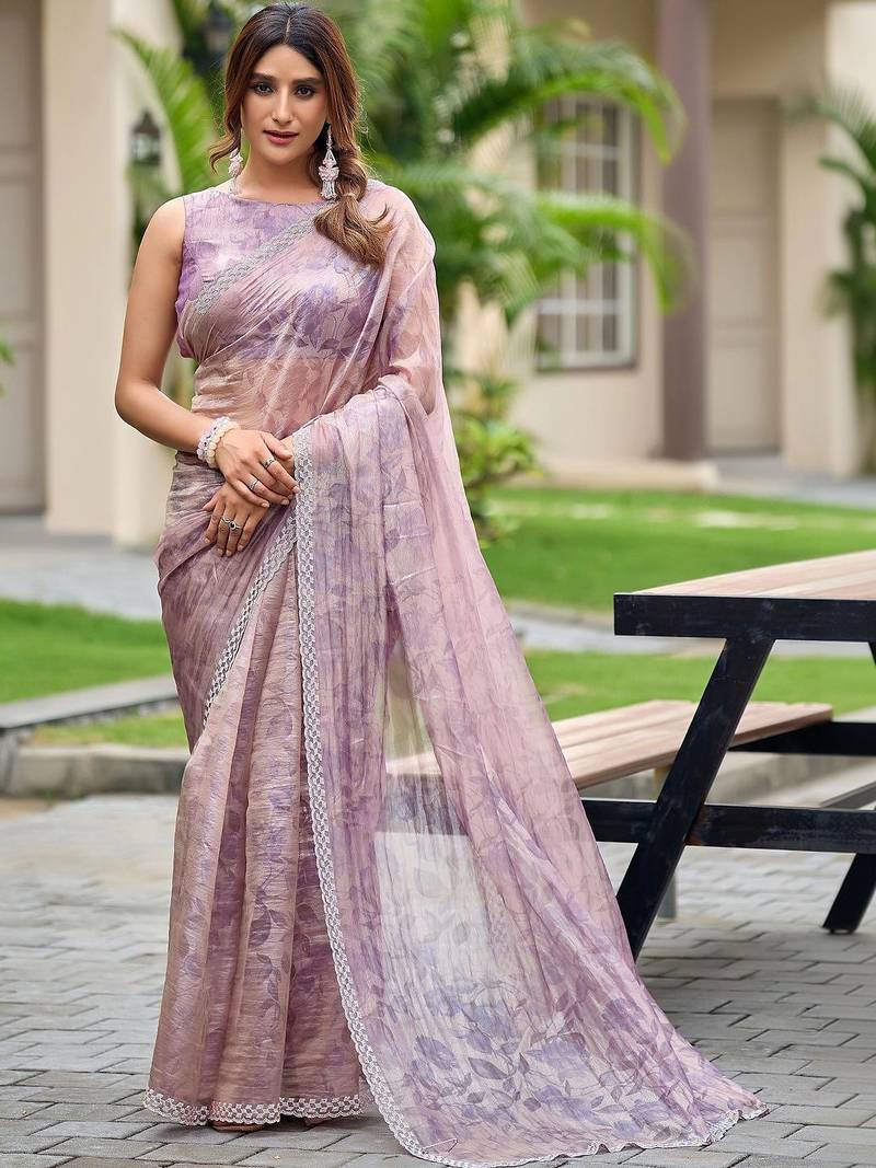 Purple floral beads and stones tissue saree