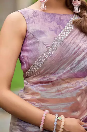 Purple floral beads and stones tissue saree