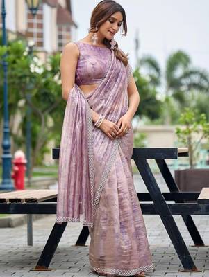 Purple floral beads and stones tissue saree 3