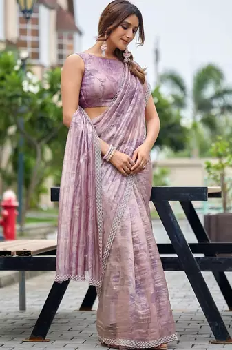Purple floral beads and stones tissue saree