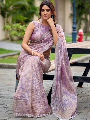 Purple floral beads and stones tissue saree 5