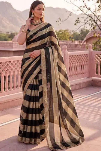 Black striped zari organza saree