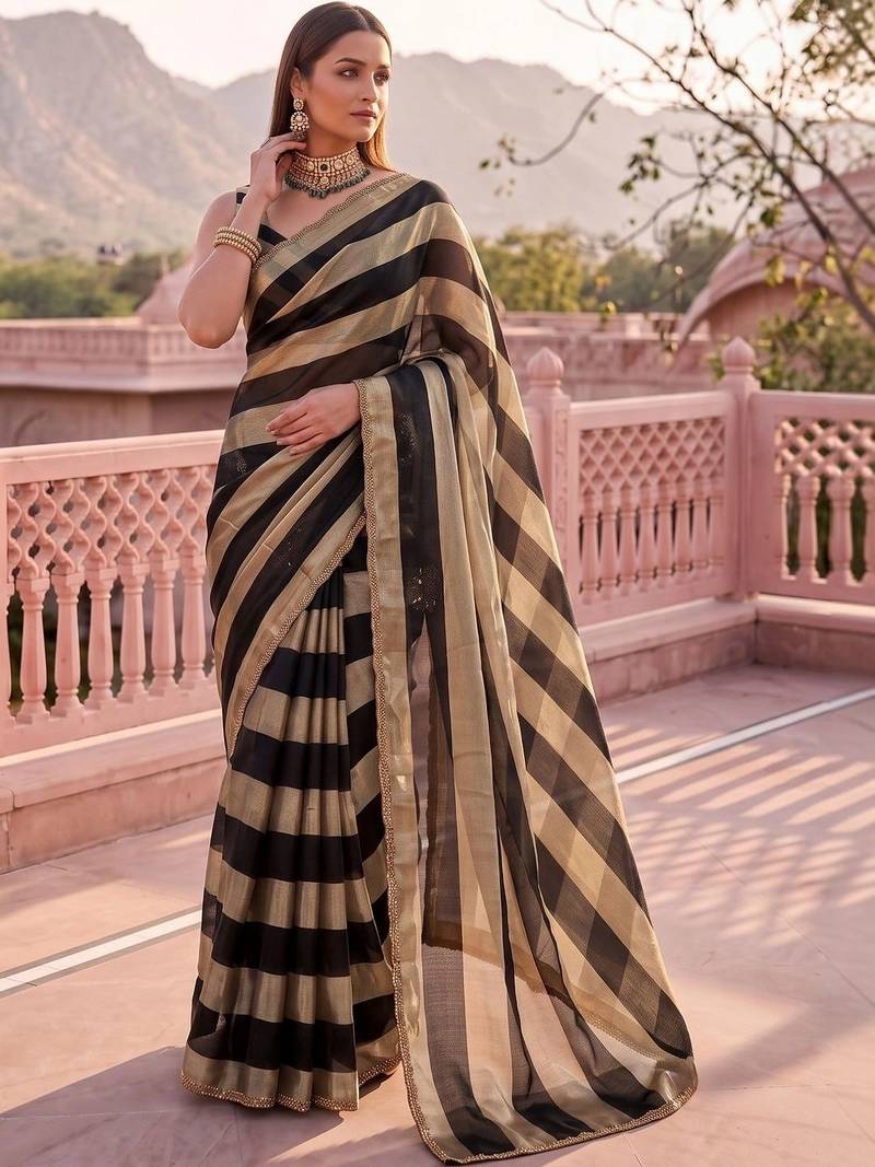 Black striped zari organza saree