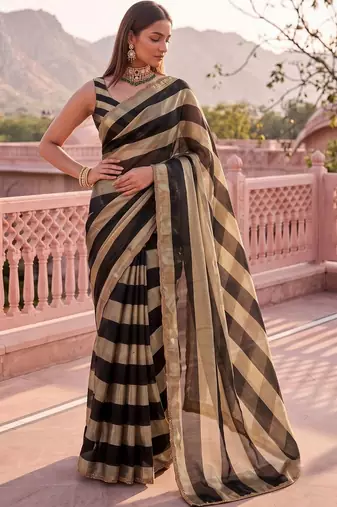 Black striped zari organza saree