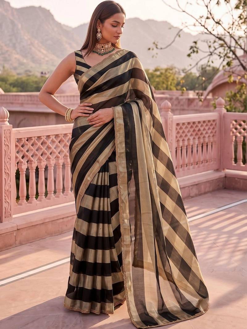 Black striped zari organza saree