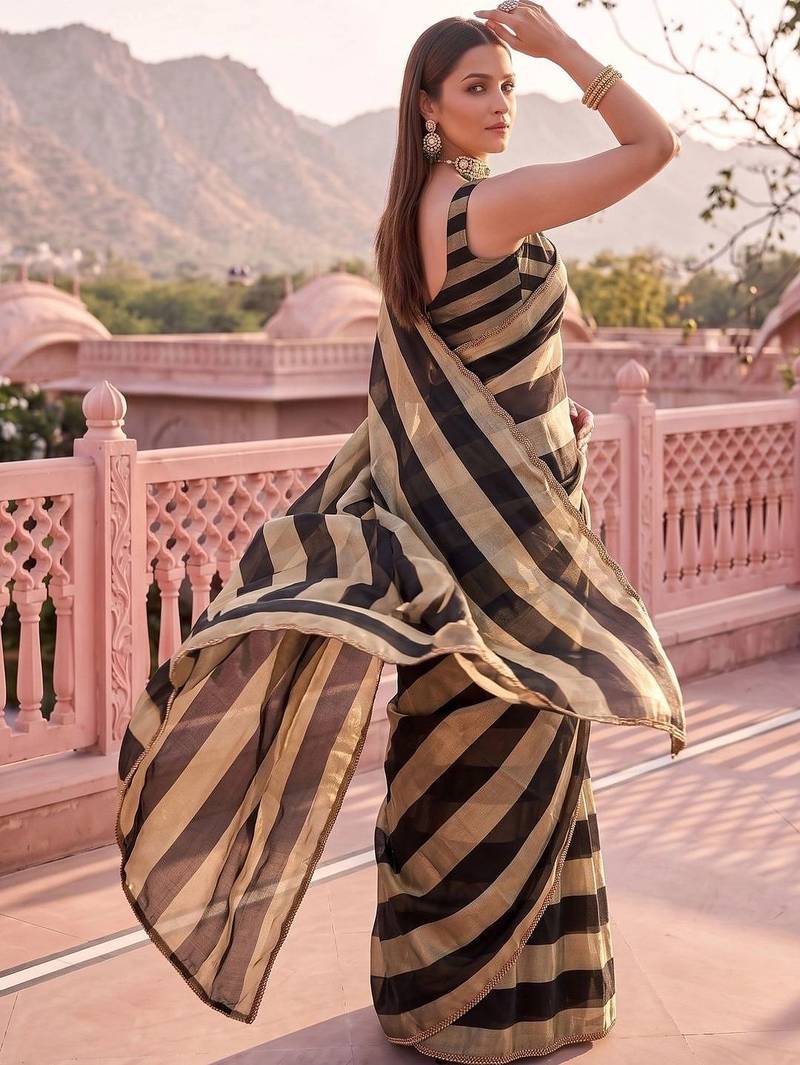 Black striped zari organza saree