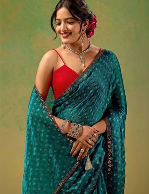 Teal zari tissue saree 1