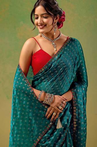 Teal zari tissue saree