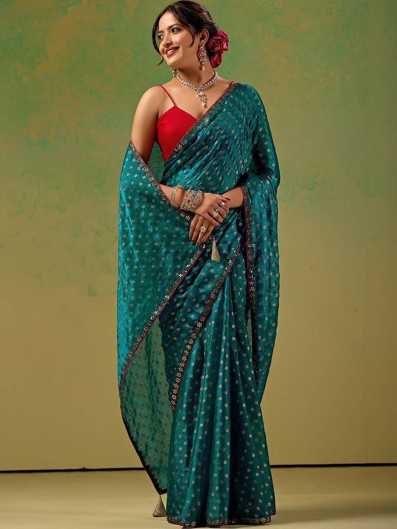 Teal zari tissue saree