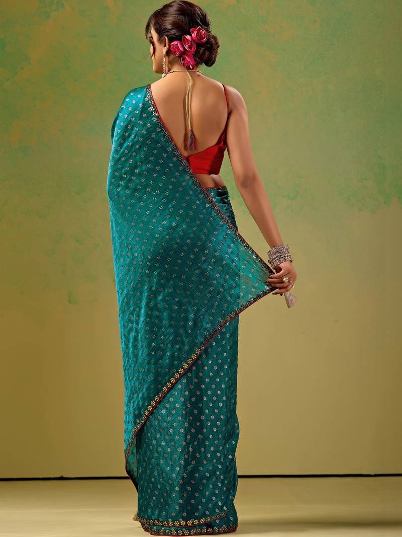 Teal zari tissue saree