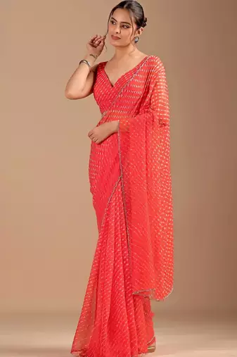 Red beads and stones  chiffon saree