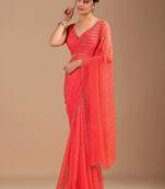 Red beads and stones  chiffon saree