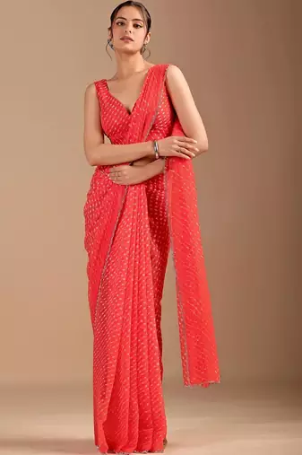 Red beads and stones  chiffon saree