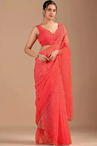 Red beads and stones  chiffon saree