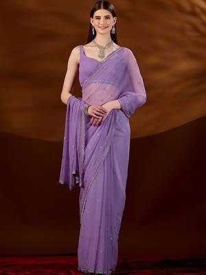Lavender floral beads and stones  chiffon saree 1
