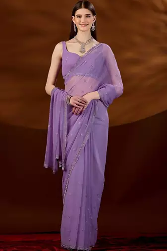 Lavender floral beads and stones  chiffon saree