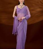Lavender floral beads and stones  chiffon saree