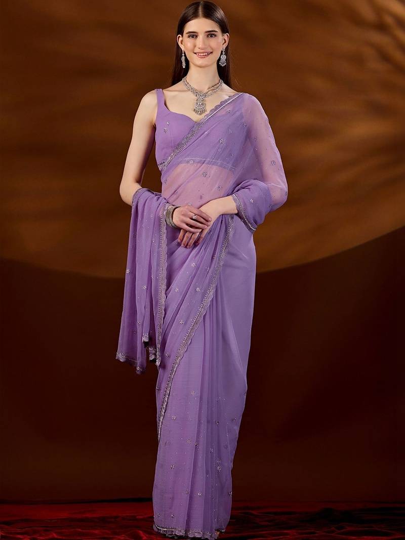 Lavender floral beads and stones  chiffon saree