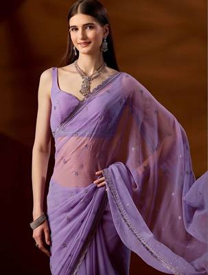 Lavender floral beads and stones  chiffon saree 2
